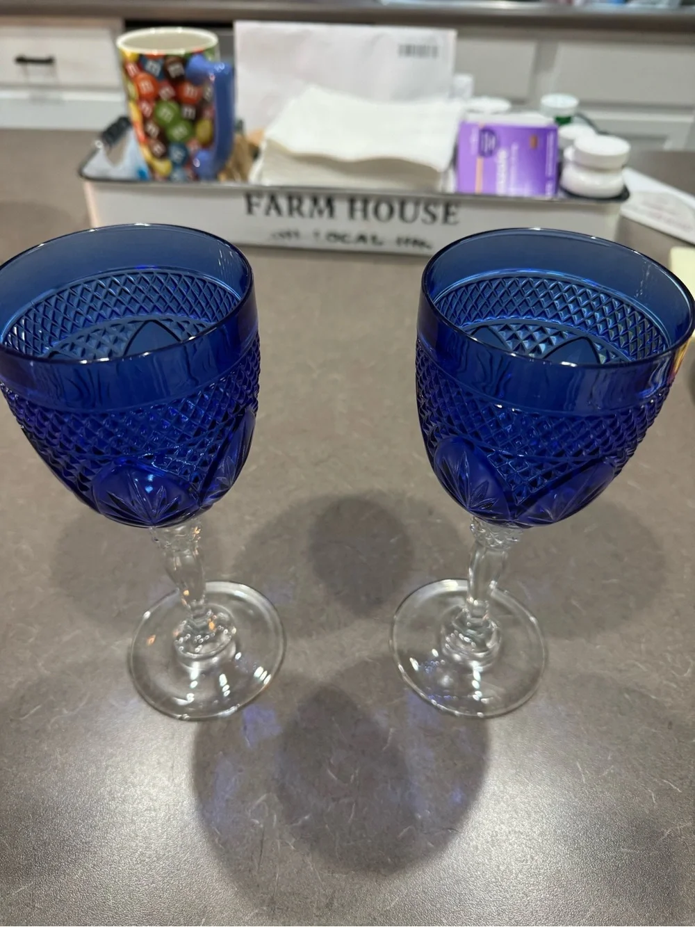 Cobalt Blue Cut-Glass Wine Goblets – Set of 2